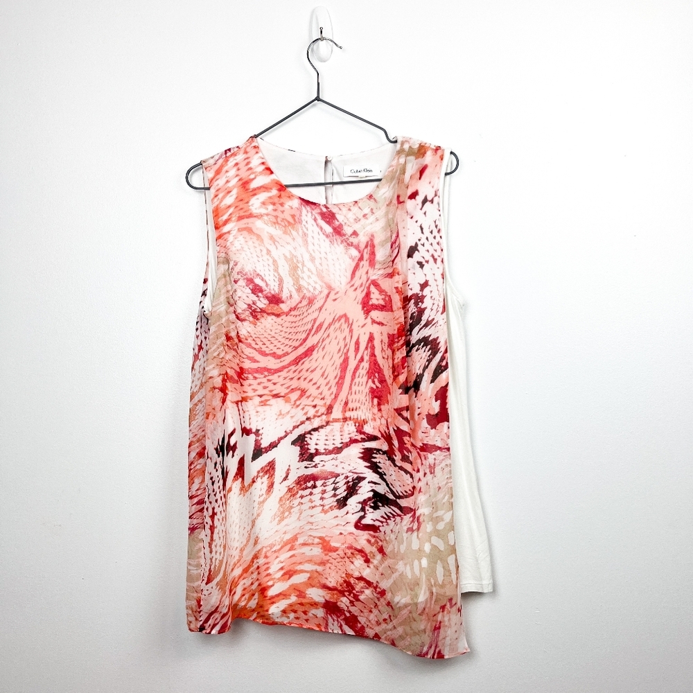 Calvin Klein Sleeveless Flowy Ladies Blouse, White Red Orange